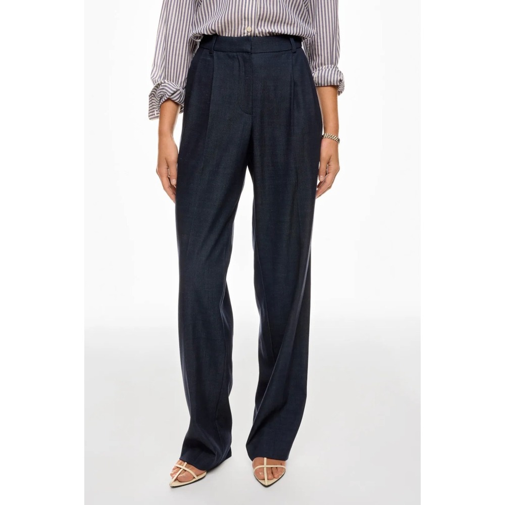 BOSS Denim Effect Trouser Navy Blue Tailored Pleated Straight Leg Pants Sz‎ 0 US